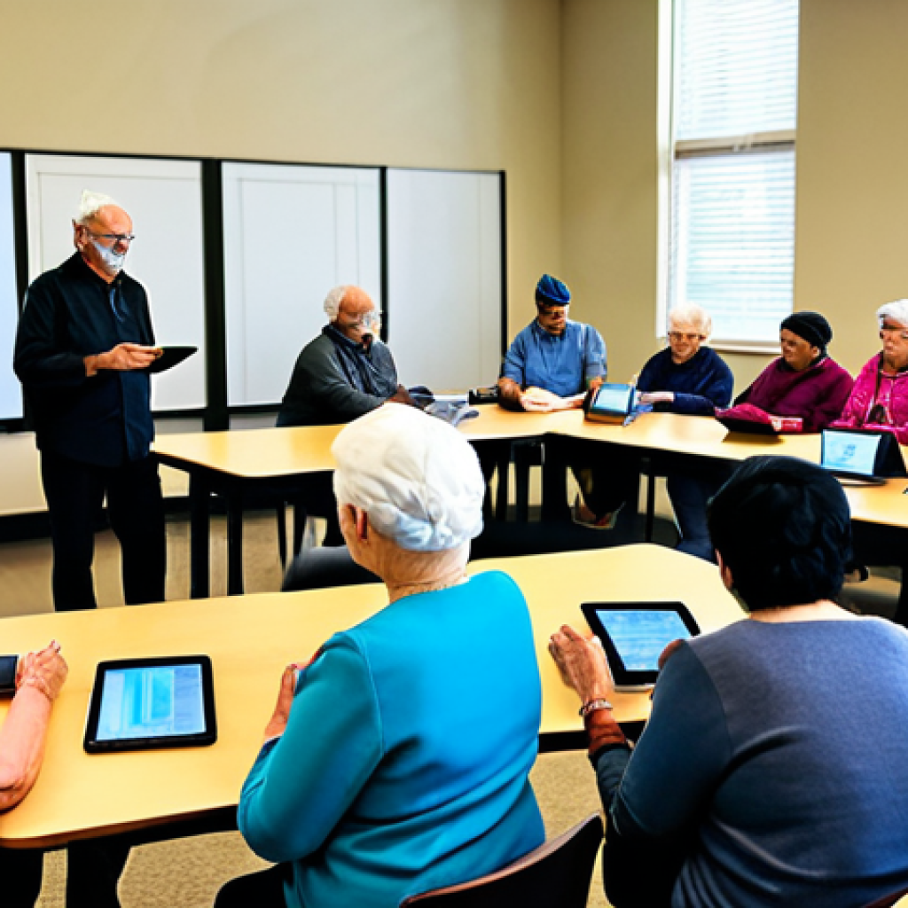 A diverse group of adults and seniors, all fully clothed in modest, appropriate attire, gathered in a bright, modern community learning center. They are engaged in a digital literacy workshop, with some discussing information on tablets and others interacting with a large screen, demonstrating critical thinking and active learning. The scene emphasizes positive engagement with technology for knowledge acquisition and data safety. Safe for work, appropriate content, professional, perfect anatomy, correct proportions, natural pose, well-formed hands, high-quality professional photography.