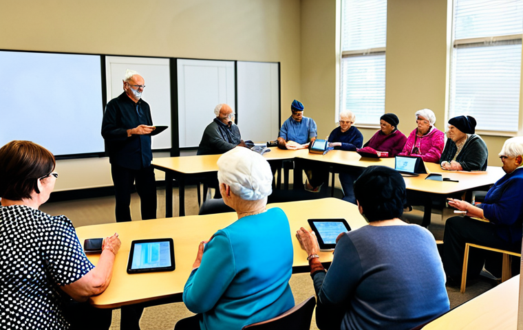 A diverse group of adults and seniors, all fully clothed in modest, appropriate attire, gathered in a bright, modern community learning center. They are engaged in a digital literacy workshop, with some discussing information on tablets and others interacting with a large screen, demonstrating critical thinking and active learning. The scene emphasizes positive engagement with technology for knowledge acquisition and data safety. Safe for work, appropriate content, professional, perfect anatomy, correct proportions, natural pose, well-formed hands, high-quality professional photography.