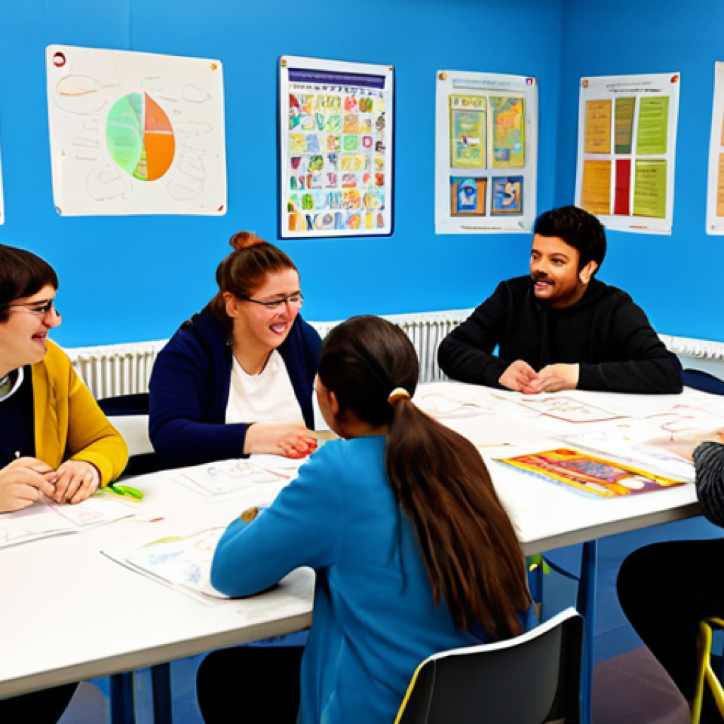 Engaging Literacy Workshop**

"A bright and inviting literacy workshop in France. Adults of diverse backgrounds are seated around a table, participating in a hands-on activity. The walls are decorated with colorful posters and examples of student work. The atmosphere is supportive and encouraging. The scene should emphasize collaboration and the joy of learning. safe for work, appropriate content, fully clothed, professional, perfect anatomy, natural proportions, high quality, well-formed hands, proper finger count."

**