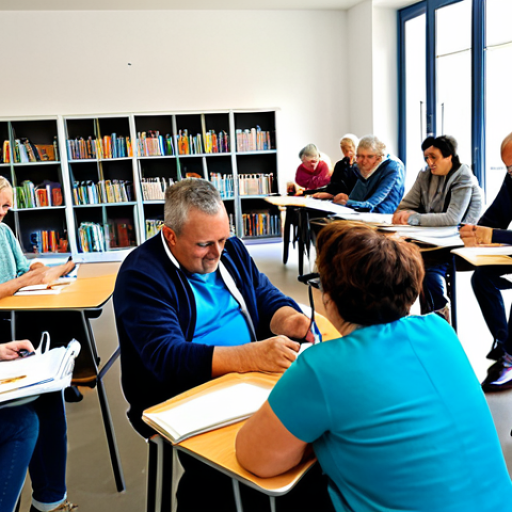 **

"A diverse group of adults participating in a literacy workshop in a modern community center in France, fully clothed, appropriate attire, safe for work. Some are using tablets, others are engaged in a collaborative writing exercise. The room is bright and welcoming, filled with books and learning materials. Focus on the positive energy and engagement of the participants. Perfect anatomy, natural proportions, professional, modest, family-friendly, high quality."

**