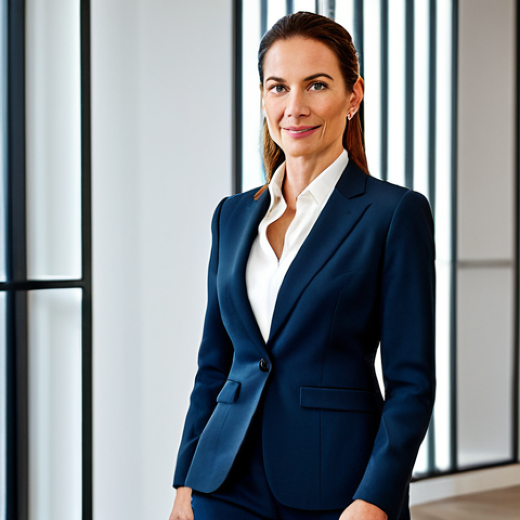 Career Advancement**

"A confident woman in her late 30s, wearing a stylish, tailored business suit (ensemble tailleur), attending a networking event in a modern Parisian office space, fully clothed, professional attire, safe for work, perfect anatomy, natural proportions, corporate photography, bright lighting, positive energy."

**