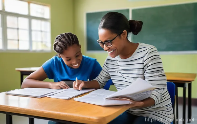 문해교육사와 직업적 성장 노하우 - **Prompt:** A warm and supportive scene inside a modern adult literacy classroom. A female trainer, ...