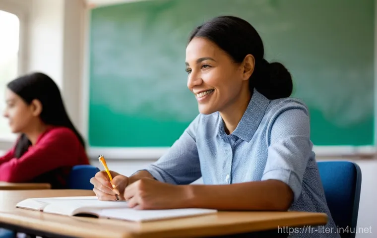 문해교육사와 학습 목표 달성 연구 - **Prompt:** "A compassionate and attentive female educator, in her late 40s with kind eyes and a war...