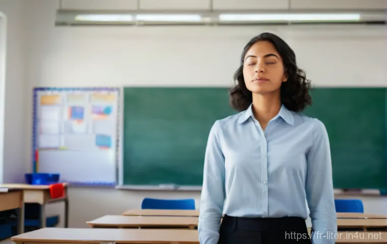 문해교육사 직무 스트레스 관리 - **A serene moment of conscious breathing:** A professional, adult literacy trainer, either male or f...