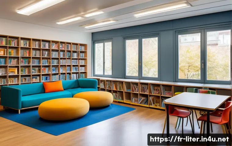 문해교육사와 학습 환경 조성 팁 - A cozy, well-lit literacy learning center in a French neighborhood, featuring ergonomic modular tabl...