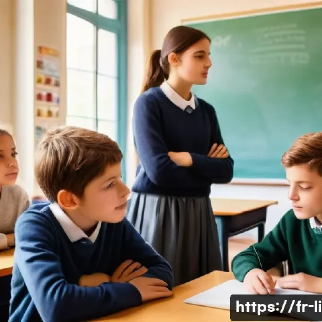 문해교육사와 학생 상담 성공 사례 - A warm and inviting classroom scene in a modern French school setting, showing a diverse group of st...