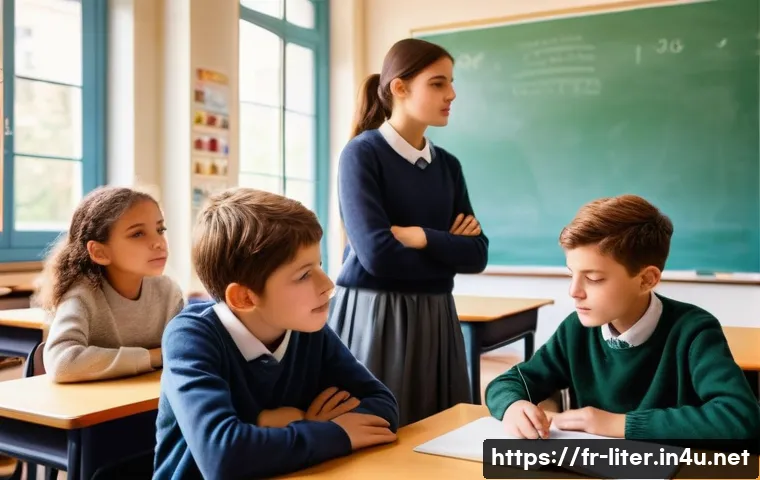 문해교육사와 학생 상담 성공 사례 - A warm and inviting classroom scene in a modern French school setting, showing a diverse group of st...