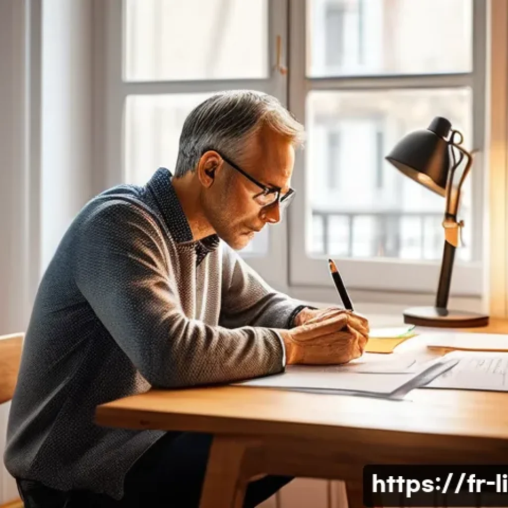 문해교육사 자격증 기출문제 활용법 - A focused French adult learner sitting at a wooden desk in a cozy, sunlit room, surrounded by printe...