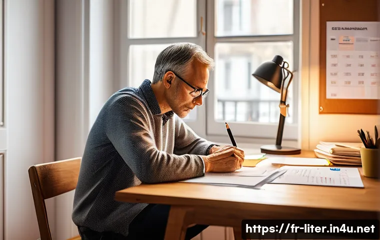 문해교육사 자격증 기출문제 활용법 - A focused French adult learner sitting at a wooden desk in a cozy, sunlit room, surrounded by printe...