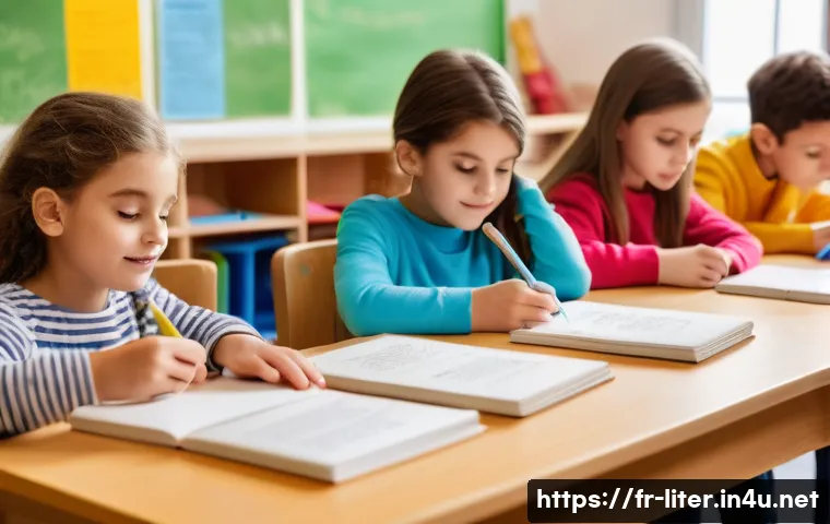 문해교육사와 학습 장애 극복 사례 - A bright and inviting classroom scene in a French school, showing a diverse group of young students ...