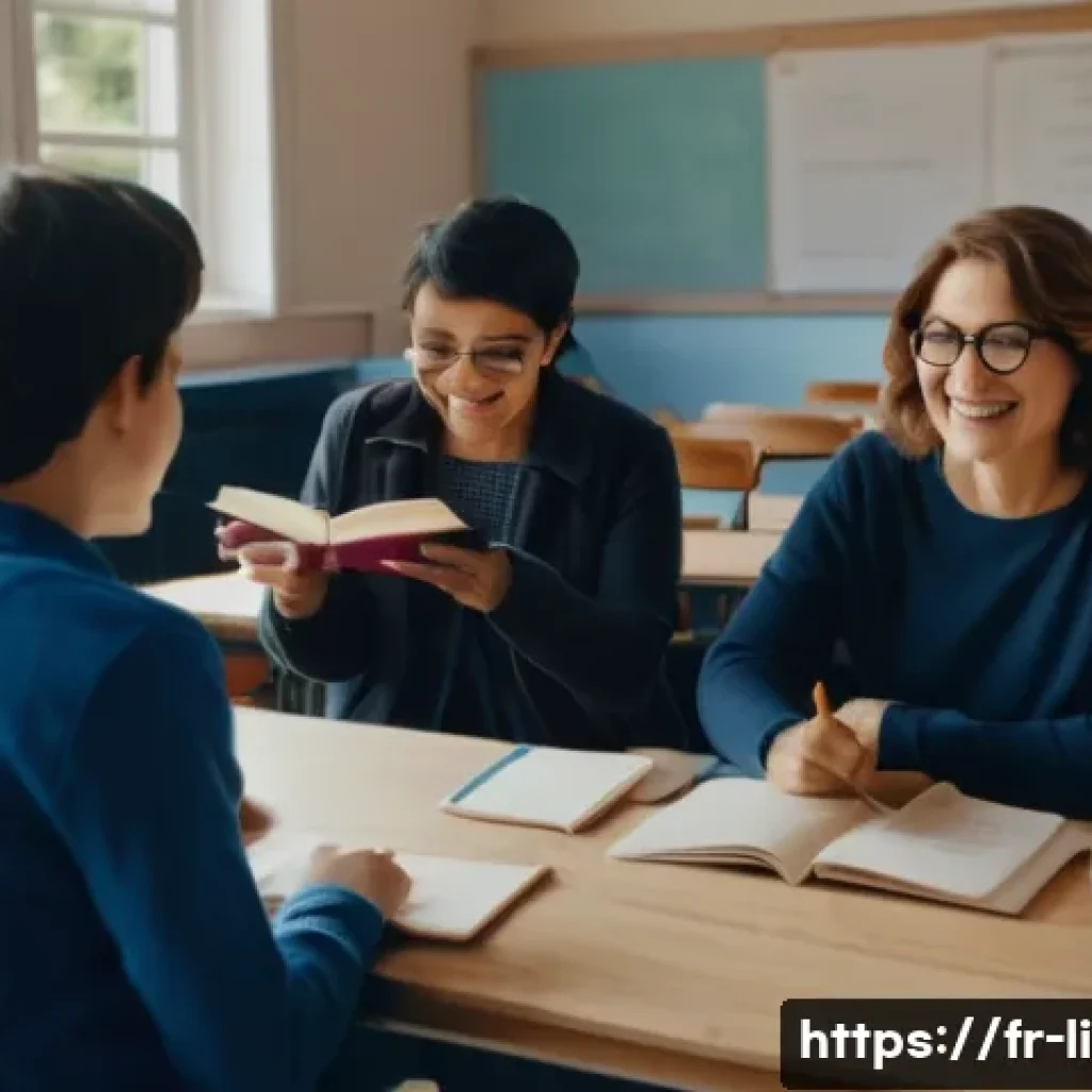 문해교육사 직업 만족도 조사 - A warm, inviting classroom scene in a French community center, showing a diverse group of adult lear...