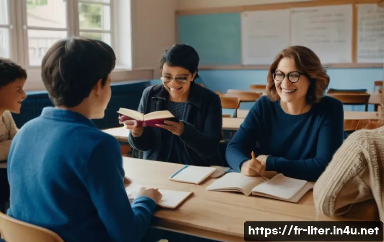 문해교육사 직업 만족도 조사 - A warm, inviting classroom scene in a French community center, showing a diverse group of adult lear...