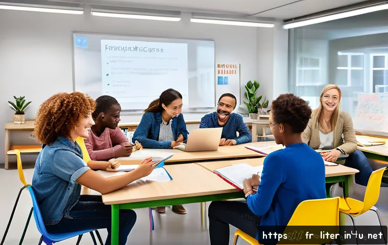 문해교육사와 최신 자격증 동향 - A diverse group of adult learners in a modern classroom setting, engaging actively with digital tabl...