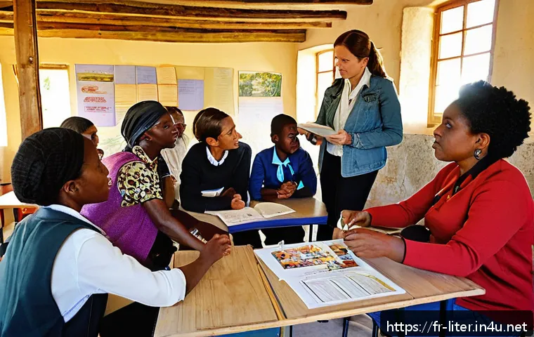 문해교육사와 학습 프로젝트 운영법 - A diverse group of adult learners in a rural French village classroom, attentively participating in ...