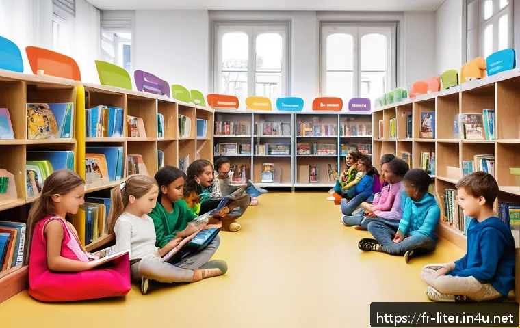 문해교육사와 교수법 연구 사례 - A vibrant classroom scene in a modern French library, where children of diverse ages are engaged wit...