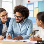 문해교육사와 수업 평가 방법 - A diverse group of adult learners in a modern classroom setting, engaged in a collaborative learning...