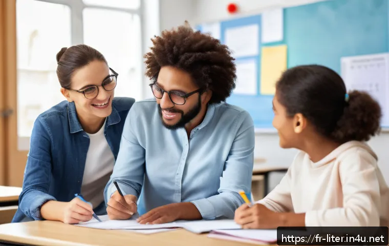 문해교육사와 수업 평가 방법 - A diverse group of adult learners in a modern classroom setting, engaged in a collaborative learning...