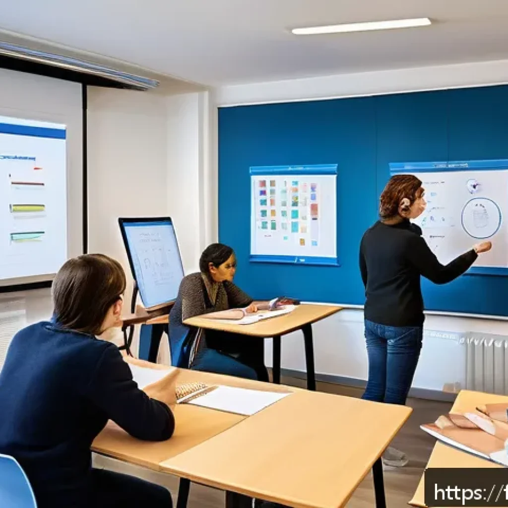 문해교육사와 학습 평가 모형 - A modern adult education classroom in France, featuring a diverse group of adult learners from vario...