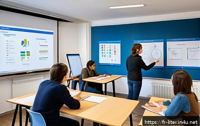 문해교육사와 학습 평가 모형 - A modern adult education classroom in France, featuring a diverse group of adult learners from vario...