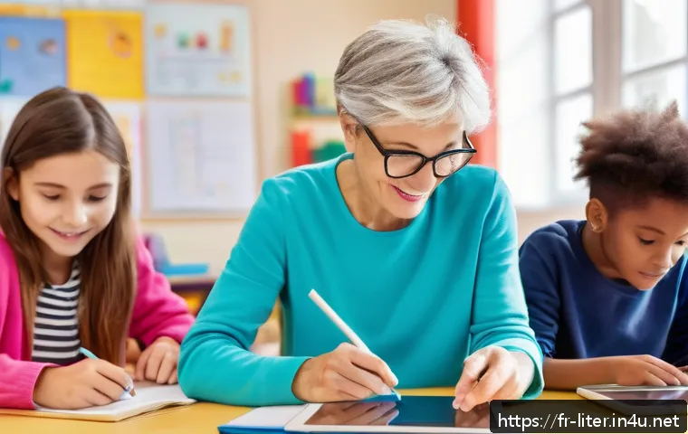 문해교육사와 직업 만족도 유지 비결 - A bright, modern classroom scene in France with a diverse group of adult learners engaged in literac...