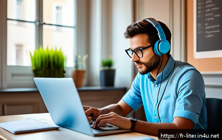 문해교육사 자기계발 노하우 - A modern workspace scene showing a French professional engaged in personalized continuous learning a...